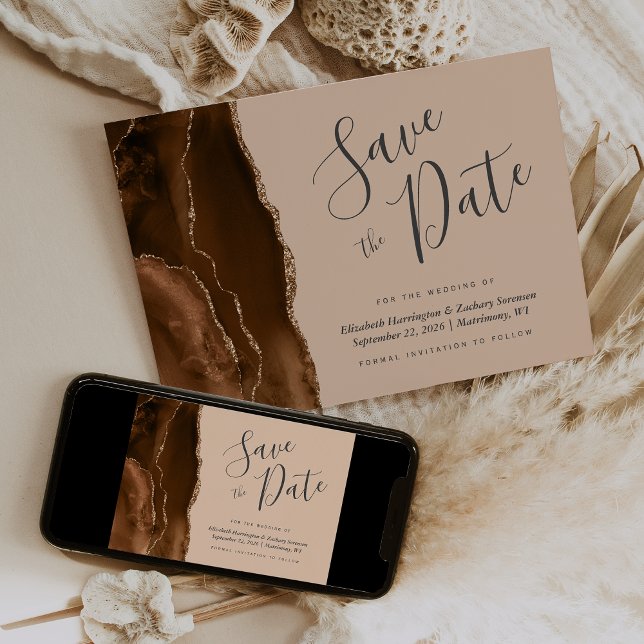 Mocha Brown Gold Agate Tan Save the Date Card (Creator Uploaded)