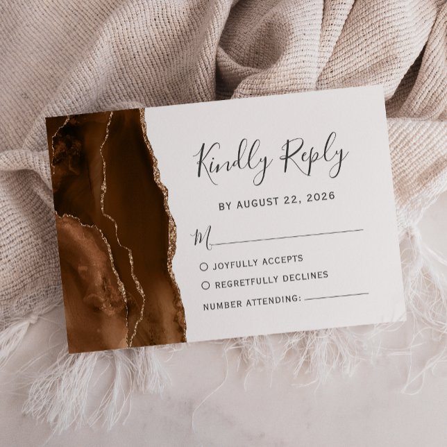 Mocha Brown Gold Agate Wedding RSVP Card (Creator Uploaded)