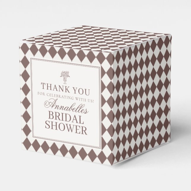 Mocha Brown Harlequin Checkered Bridal Shower Favor Boxes (Front Side)