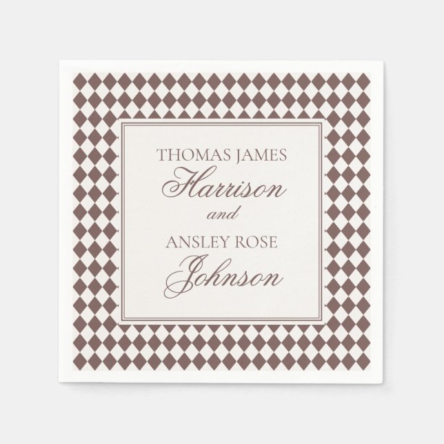 Mocha Brown Harlequin Checkered Wedding Napkins (Front)