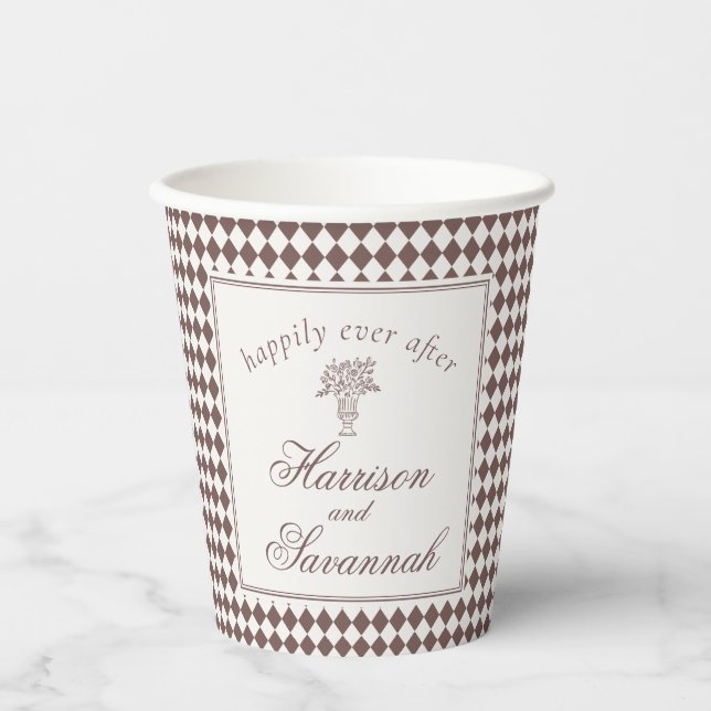 Mocha Brown Harlequin Checkered Wedding Paper Cups (Front)