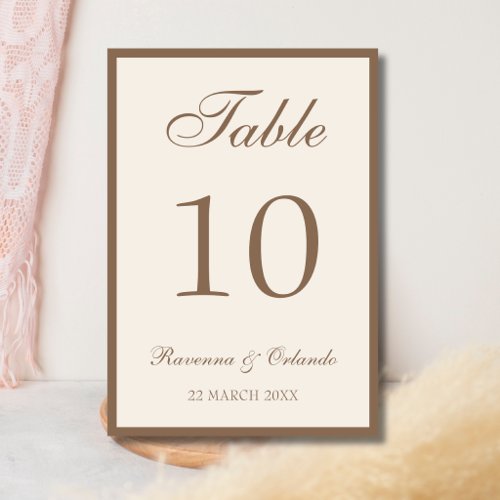 Mocha Brown Ivory Old Money Black Tie Wedding Table Number