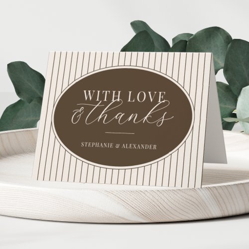 Mocha Brown & Ivory Stripes Oval Old Money Wedding Thank You Card