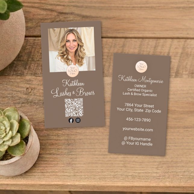 Mocha Brown Logo QR Code Photo Lashes and Brows Business Card (Creator Uploaded)