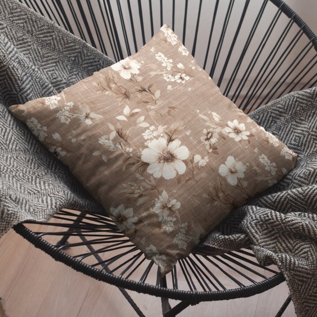 Mocha Brown Mousse White Floral Linen Look Throw Pillow (Creator Uploaded)