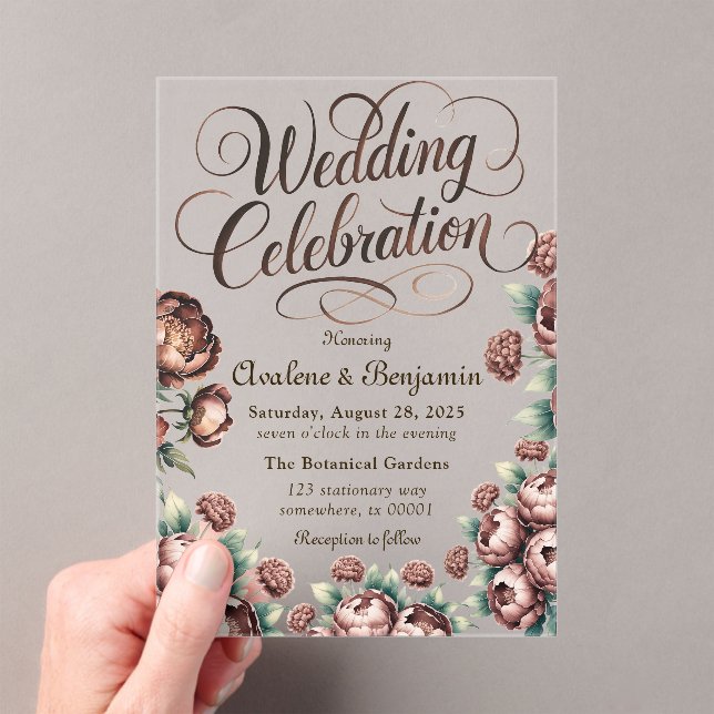 Mocha Brown Painted Peony Wedding Celebration  Acrylic Invitations (Insitu (Handheld))