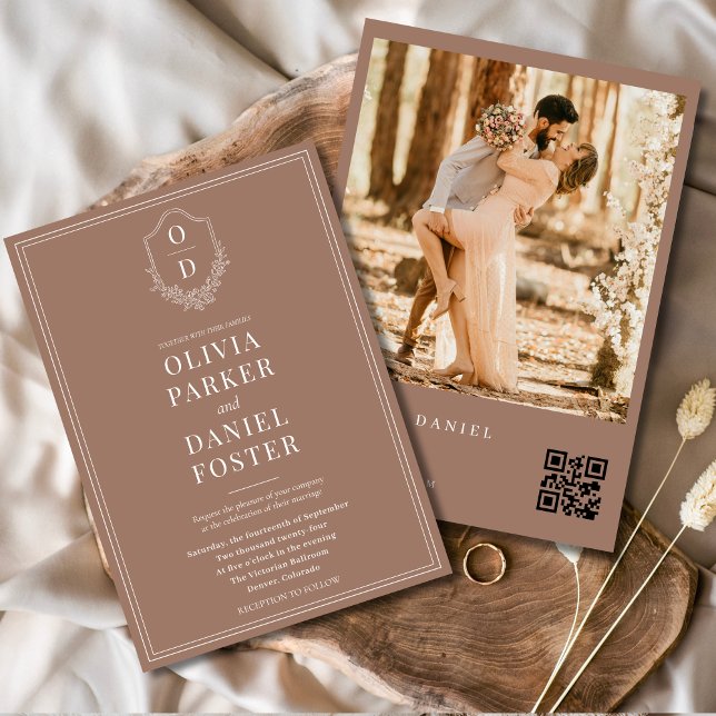Mocha Brown Photo QR Code Classic Crest Wedding Invitation (Creator Uploaded)