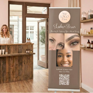 Mocha Brown Script Logo QR Code Photo Lashes Brows Retractable Banner