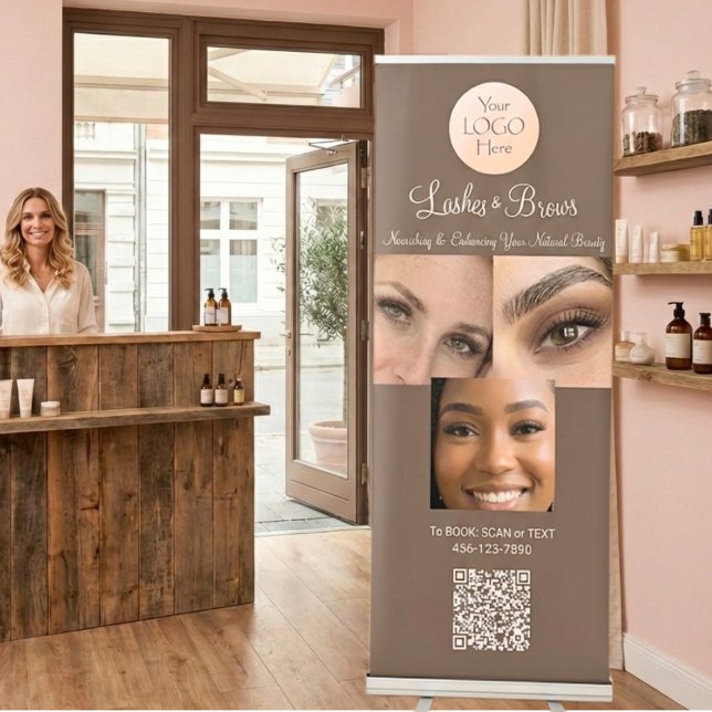 Mocha Brown Script Logo QR Code Photo Lashes Brows Retractable Banner (Creator Uploaded)