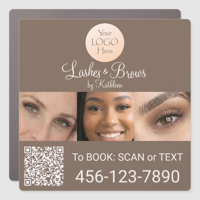 Mocha Brown Script Logo QR Code Photo Lashes Car Magnet (Front)
