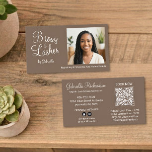 Mocha Brown Script Photo QR Code Brows and Lashes Business Card