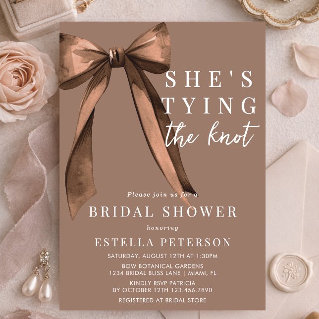 Mocha Brown She's Tying The Knot Bow Bridal Shower Invitation (Creator Uploaded)