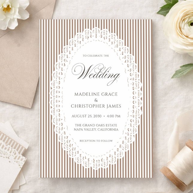 Mocha Brown Stripe Lace Doily Wedding Invitation (Creator Uploaded)