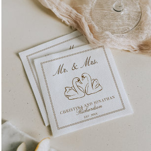 Mocha Brown Swans Old Money Personalized Wedding Napkins