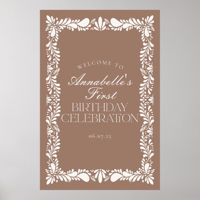 Mocha Brown Talavera Fiesta Birthday Party Welcome Poster (Front)