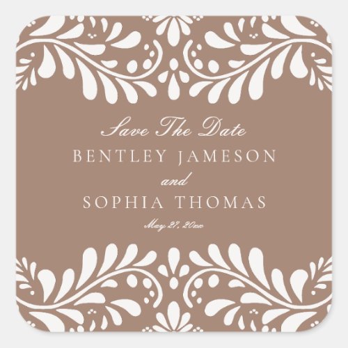 Mocha Brown Talavera Fiesta Save the Date Envelope Square Sticker