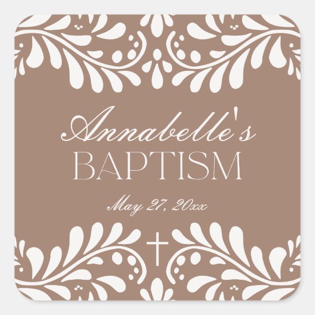 Mocha Brown Talavera Spanish Fiesta Baptism Favor Square Sticker (Front)