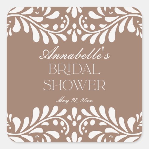 Mocha Brown Talavera Spanish Fiesta Bridal Shower Square Sticker