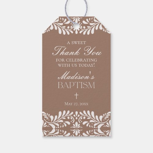 Mocha Brown Talavera Tile Fiesta Baptism Favors Gift Tags