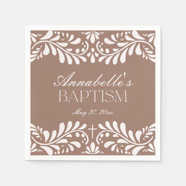 Mocha Brown Talavera Tile Fiesta Baptism Napkins (Front)