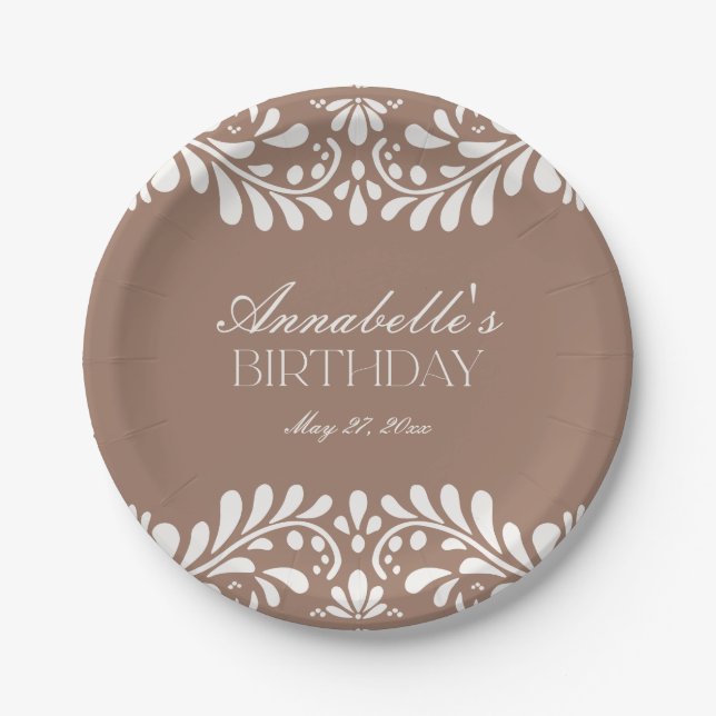 Mocha Brown Talavera Tile Fiesta Birthday Paper Plates (Front)