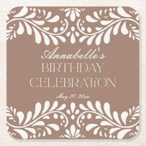 Mocha Brown Talavera Tile Fiesta Birthday Party Square Paper Coaster