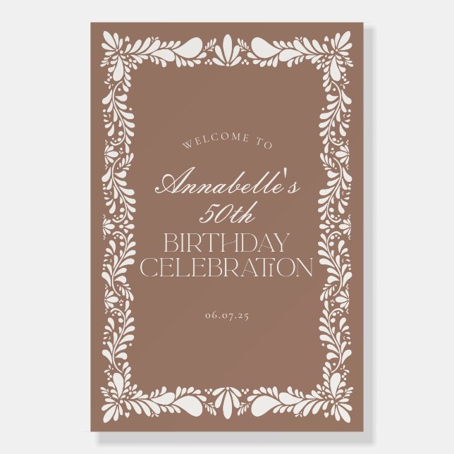 Mocha Brown Talavera Tile Fiesta Birthday Welcome Foam Board (Front)