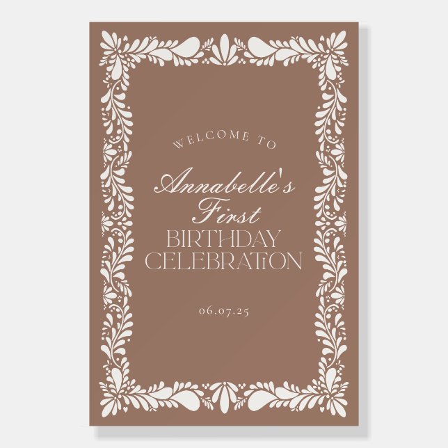 Mocha Brown Talavera Tile Fiesta Birthday Welcome Foam Board (Front)