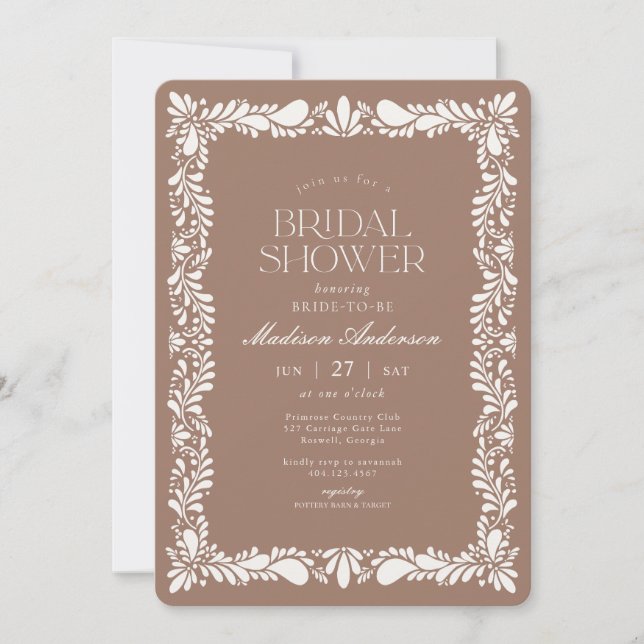 Mocha Brown Talavera Tile Fiesta Bridal Shower Invitation (Front)