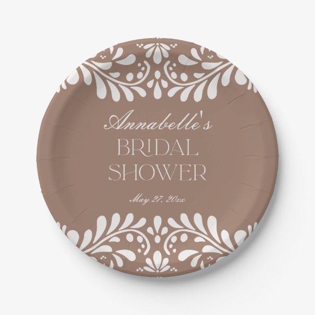 Mocha Brown Talavera Tile Fiesta Bridal Shower Paper Plates (Front)