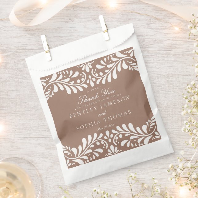 Mocha Brown Talavera Tile Fiesta Wedding Dessert Favor Bag (Clipped)