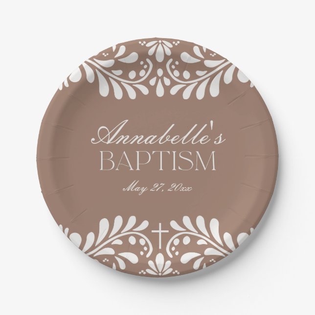 Mocha Brown Talavera Tile Spanish Fiesta Baptism Paper Plates (Front)