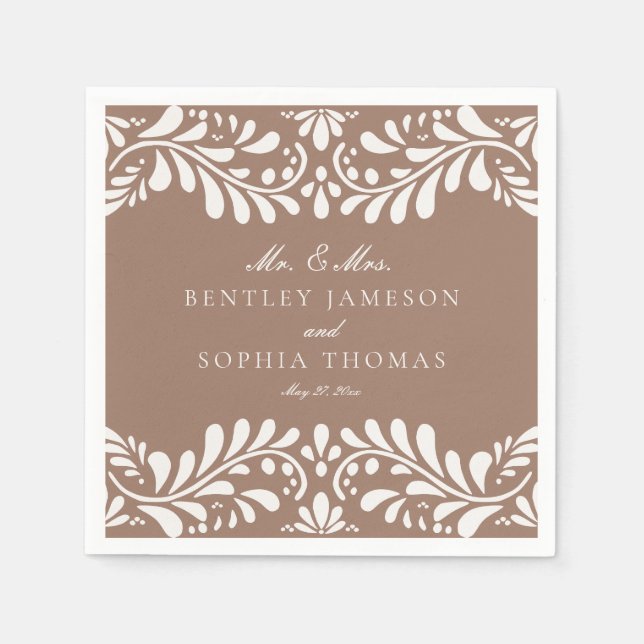 Mocha Brown Talavera Tile Spanish Fiesta Wedding Napkins (Front)