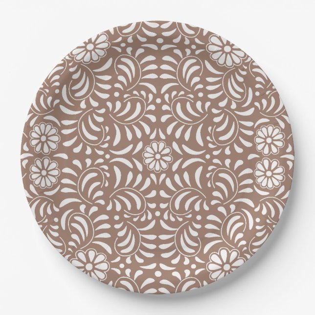 Mocha Brown Talavera Tile Spanish Style Fiesta Paper Plates (Front)