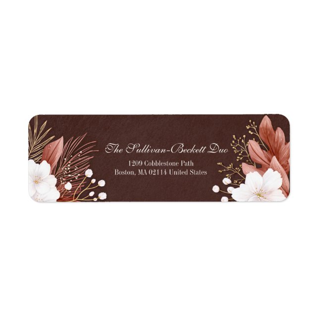 Mocha Brown Texture White Blossom Leaf Label (Front)