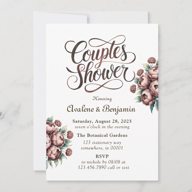 Mocha Brown Watercolor Peonies Couples Shower Invitation (Front)
