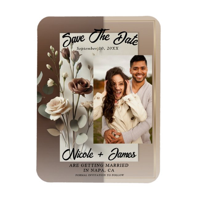 Mocha Café Au Lait Brown Neutral Floral Save Date Magnet (Vertical)