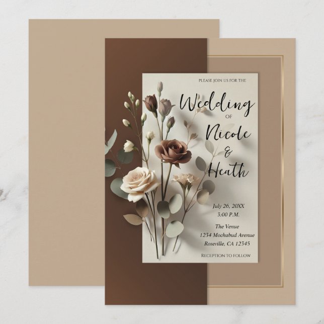 Mocha Café Au Lait Brown Neutral Floral Wedding Invitation (Front/Back)