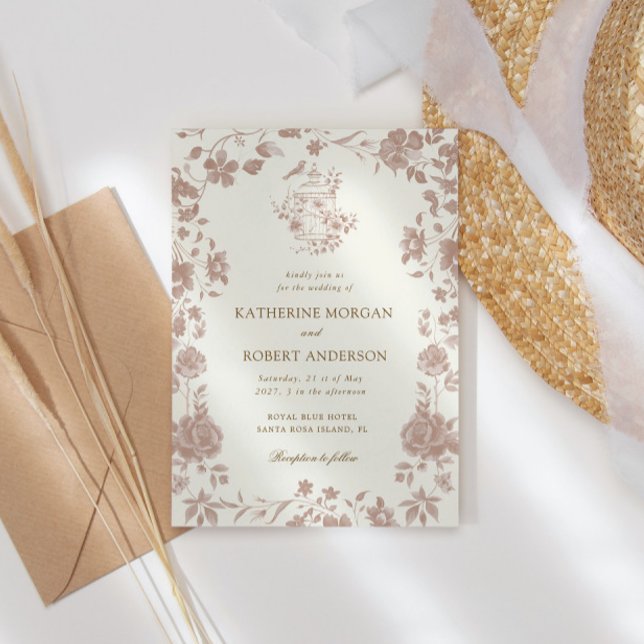 Mocha Chinoiserie Vintage Floral Wedding Invitation (Creator Uploaded)