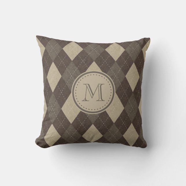 Mocha Chocca Brown Argyle Pattern with Monogram Throw Pillow (Front)