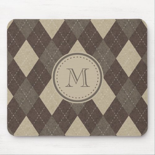 Mocha Chocca Brown Argyle Plaid with Monogram Mouse Pad