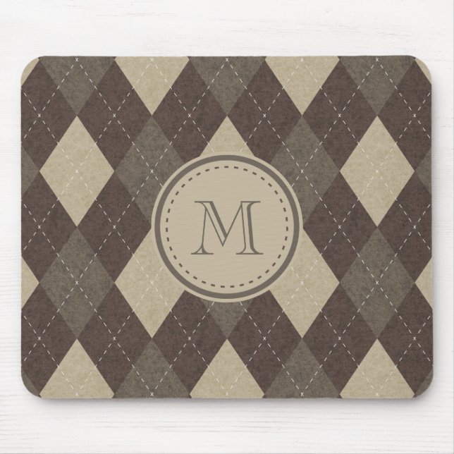 Mocha Chocca Brown Argyle Plaid with Monogram Mouse Pad (Front)