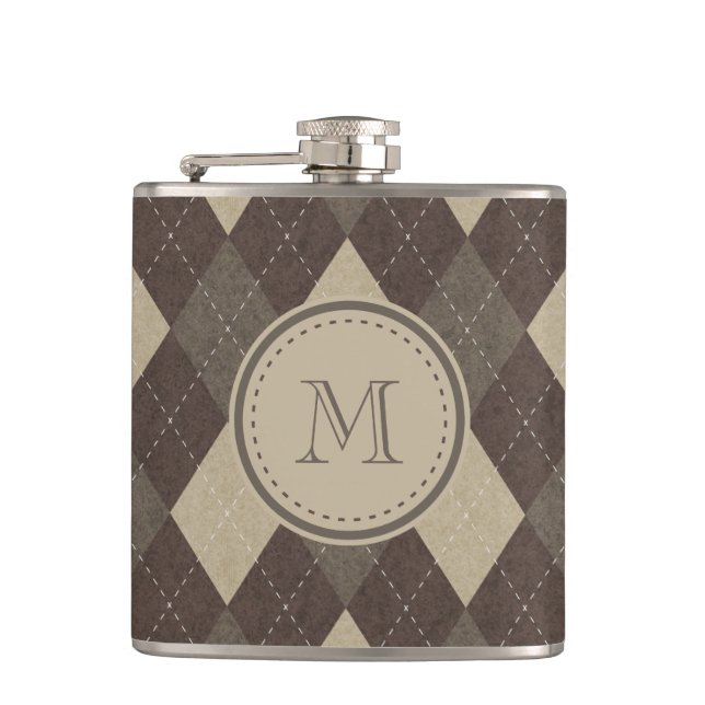 Mocha Chocca Brown Argyle with Monogram Flask (Front)