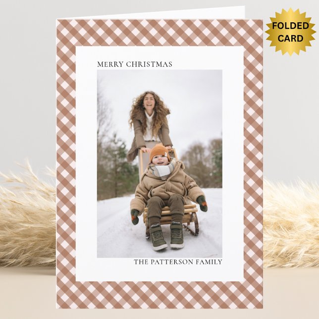 Mocha Chocolate Brown Gingham Two Photo Christmas Holiday Card (Creator Uploaded)