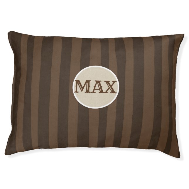 Mocha Chocolate Brown Whimsical Stripes Monogram Pet Bed (Front)