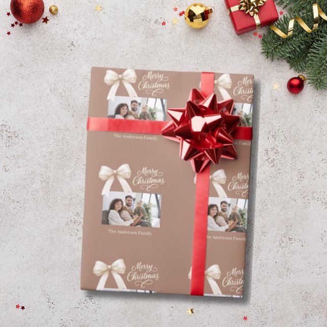 Mocha coffee cream bow photo script Christmas Wrapping Paper (Creator Uploaded)