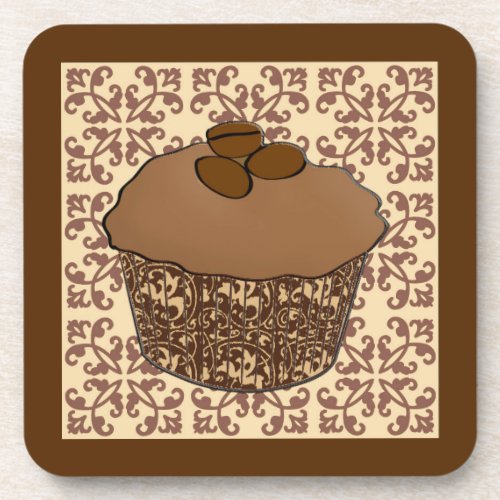 Mocha  Coffee Frosted Cupcake Lace Background Beverage Coaster