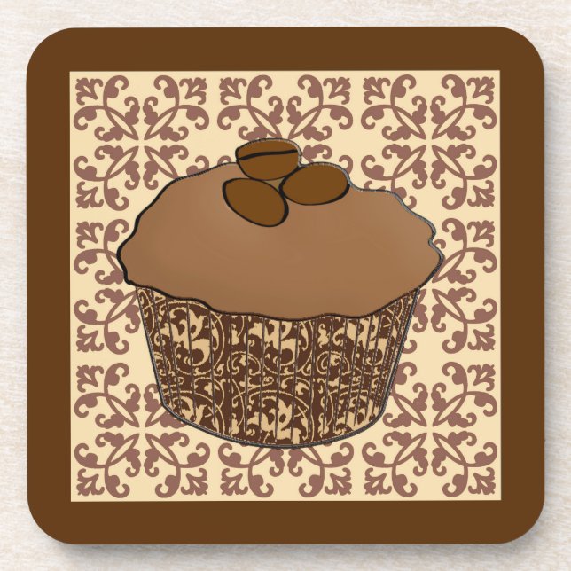 Mocha / Coffee Frosted Cupcake, Lace Background Beverage Coaster (Front)