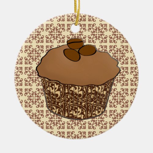 Mocha  Coffee Frosted Cupcake Lace Background Ceramic Ornament