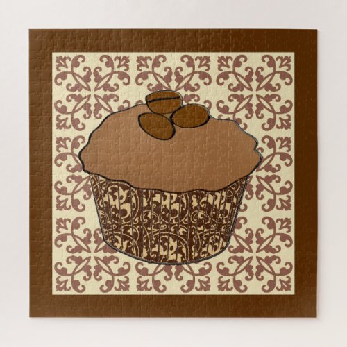Mocha  Coffee Frosted Cupcake Lace Background Jigsaw Puzzle